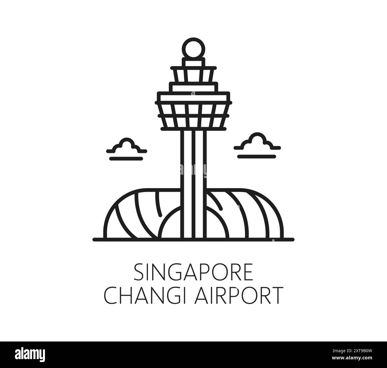Icône de voyage et de vacances de Singapour de l'aéroport de Changi pour le tourisme, symbole vectoriel. Singapour et l'Asie du Sud-est ville emblématique et attraction touristique icône de la construction d'aéroport et de l'architecture des transports Illustration de Vecteur