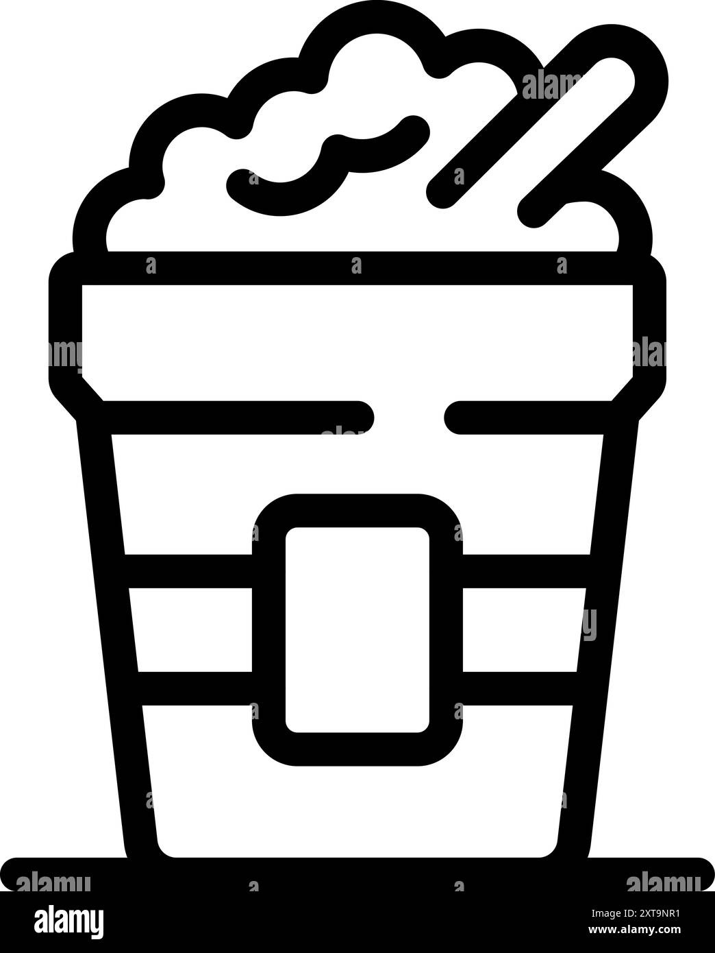 Icône d'art de ligne d'un seau en plastique plein de pop-corn avec du beurre fondu et une cuillère sortant Illustration de Vecteur