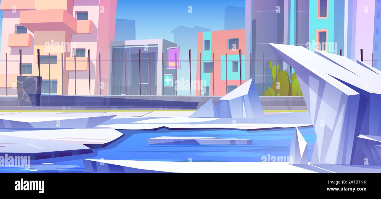 Glace brisée sur la rivière de la ville. Illustration de dessin animé vectoriel de rue urbaine avec des immeubles modernes d'hôpital et d'appartements, clôture de fer le long du parc de la ville, floes gelés flottant sur la surface de l'eau, paysage urbain de printemps Illustration de Vecteur