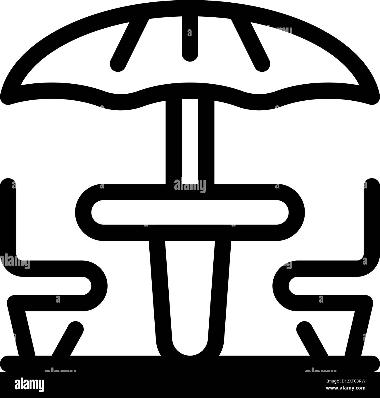 Icône de ligne représentant un ensemble de meubles de terrasse avec deux chaises et un parasol, idéal pour manger en plein air Illustration de Vecteur