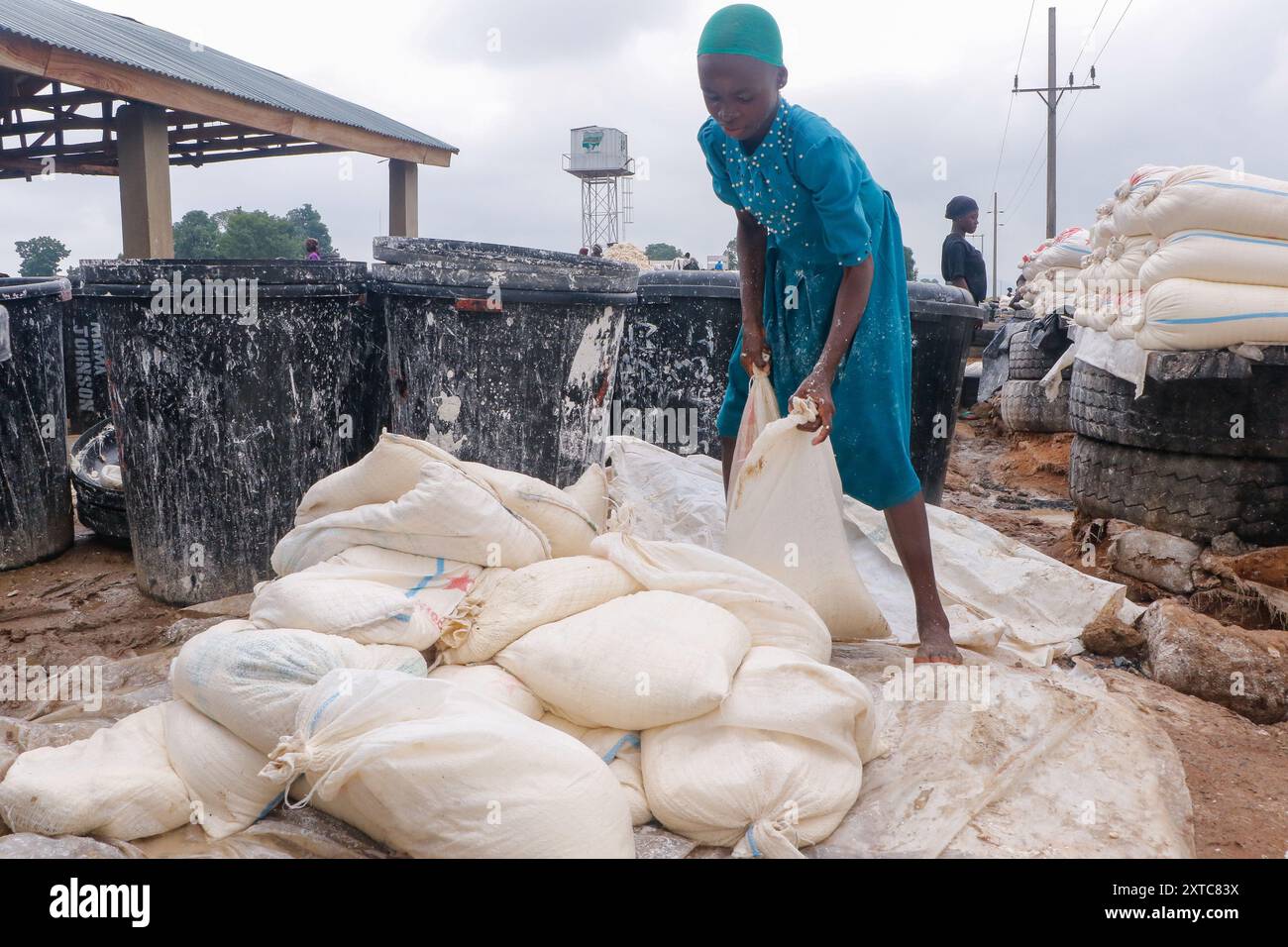 Les femelles d’Abuja luttent et font des progrès dans une usine locale de transformation du manioc dans des conditions difficiles pour produire de la farine alors qu’elles lavent la paille du manioc fermenté. Face aux incertitudes économiques, ces jeunes filles et ces femmes doivent relever divers défis pour se responsabiliser, fournir des emplois aux autres et maintenir des moyens de subsistance. La plupart des femmes ici sont des soutiens de famille, et elles défendent leurs familles. Nigeria. Banque D'Images