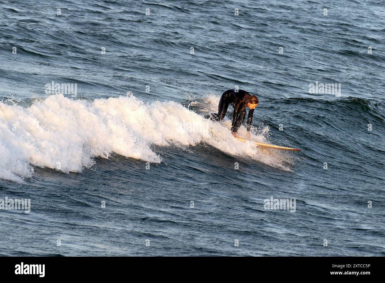 13.08.2024 AM Strand von Binz auf der Insel Rügen in Mecklenburg-Vorpommern brechen Wellenkämme auf dem Wasser. Eine Surferin versucht, die Welle zu reiten. Der Ort ist das größte Seebad auf der Insel. Binz ist das größte Seebad auf der Insel Rügen. Die Gemeinde gehört zum Landkreis Vorpommern-Rügen in Mecklenburg-Vorpommern. DAS Ostseebad trägt seinen Titel seit 1885 und ist Anziehungspunkt und Urlaubsort für Alle, die Natur, Strand und Entspannung lieben. Binz Ostsee Mecklenburg-Vorpommern Deutschland *** 13 08 2024 des crêtes de vagues se brisent sur l'eau sur la plage de Binz sur l'île de Rügen i. Banque D'Images