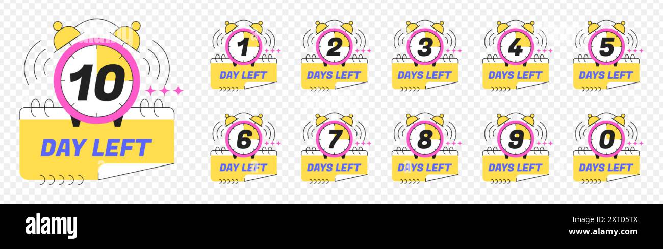 Nombre de jours restants du compte à rebours d'urgence. Autocollant jours limités pour aller isolé sur fond transparent. Dernière offre badges avec réveil pour la promotion, ventes chaudes. Vector Set numéros de 1 à 10. Illustration de Vecteur