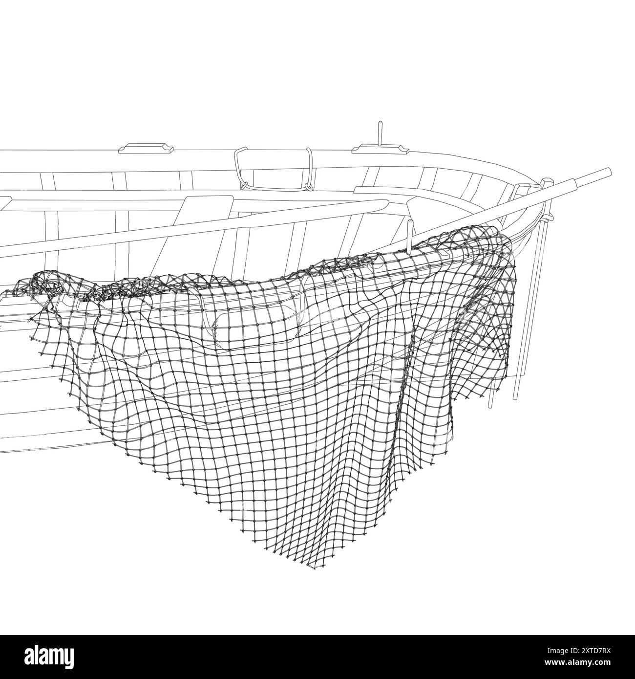 Illustration vectorielle de contour du bateau de pêche avec filet. Illustration de Vecteur