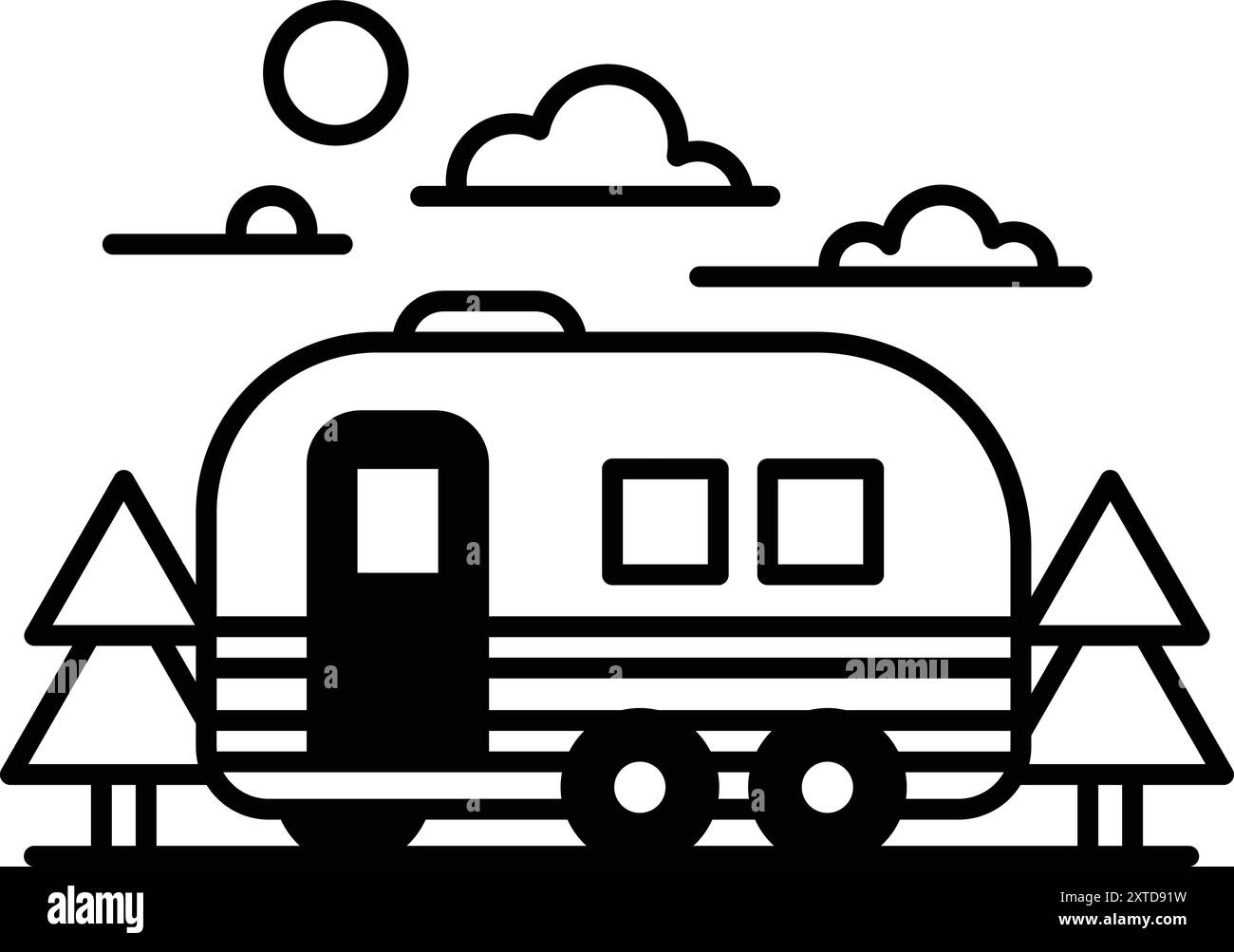 Dessin en noir et blanc d'un camping-car garé devant une forêt. La scène est paisible et sereine, comme le camping-car est entouré d'arbres et le Illustration de Vecteur