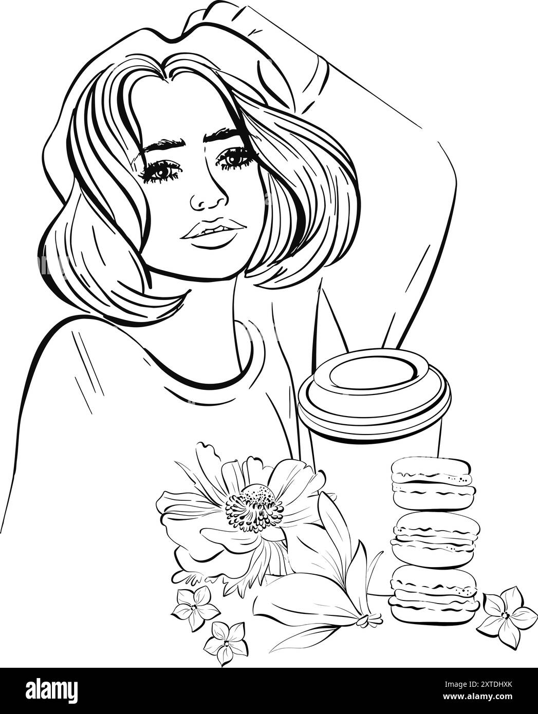 Vecteur fille française. Femme parisienne avec tasse à café et macarons. Paris café boulangerie. Tourisme. Pour carte postale, invitation, affiche, couverture. Noir Illustration de Vecteur