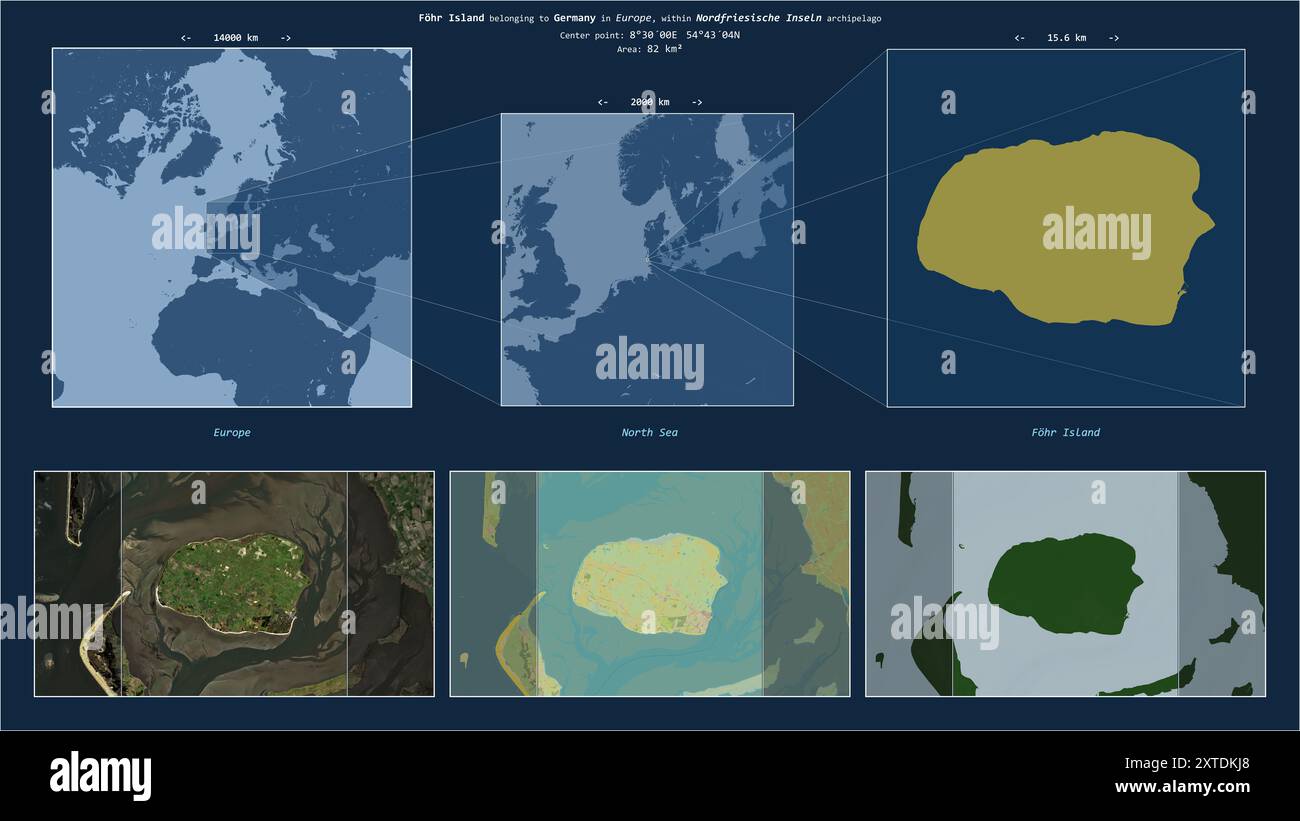 Île de Fohr dans la mer du Nord - appartenant à l'Allemagne. Diagramme de localisation décrit avec la forme jaune de l'île et échantillons de cartes de ses environs Banque D'Images