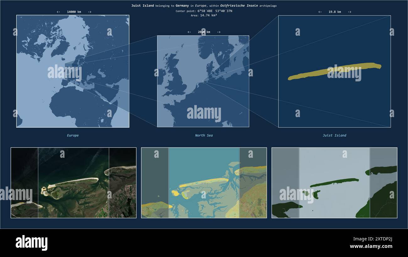 Île de Juist dans la mer du Nord - appartenant à l'Allemagne. Diagramme de localisation décrit avec la forme jaune de l'île et échantillons de cartes de ses environs Banque D'Images