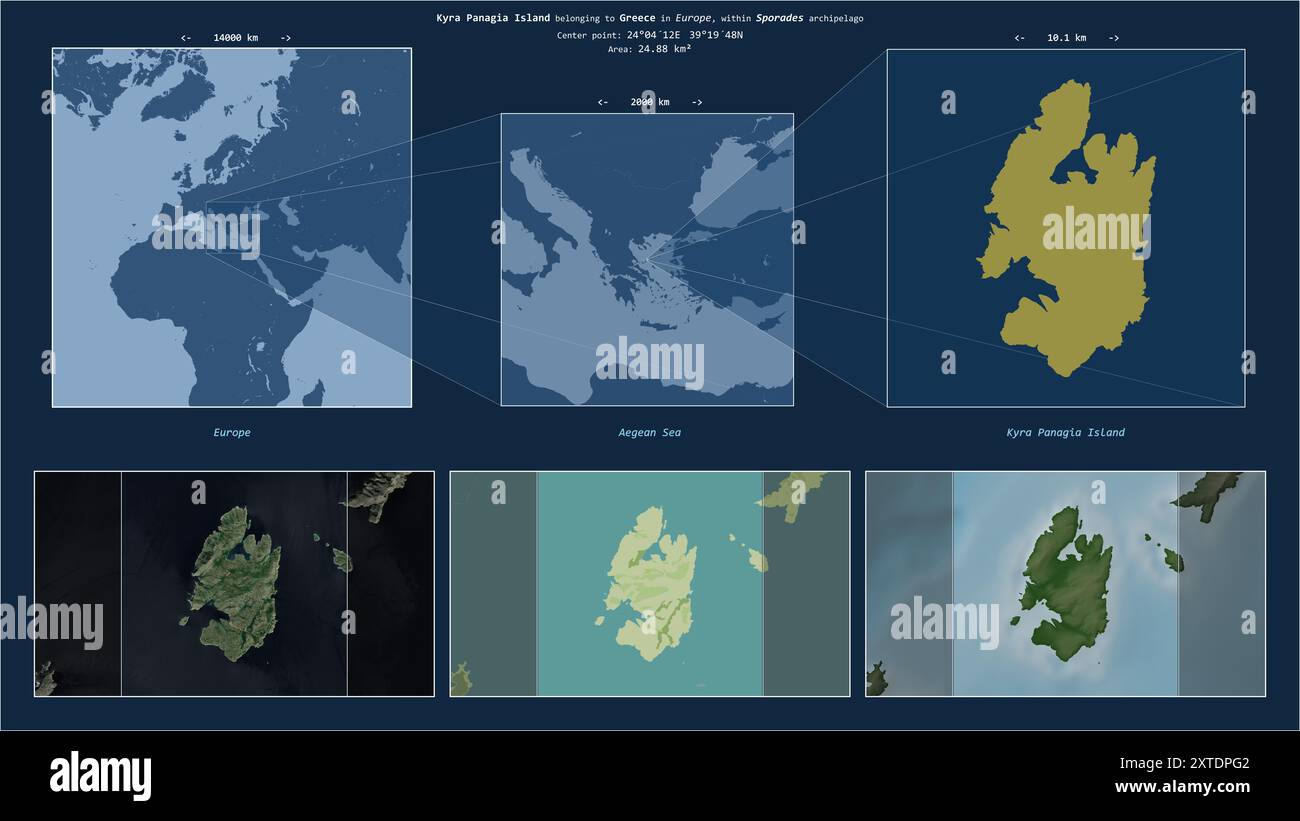 Kyra Panagia île dans la mer Égée - appartenant à la Grèce. Diagramme de localisation décrit avec la forme jaune de l'île et des cartes d'échantillon de son surroun Banque D'Images