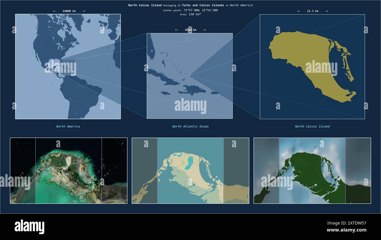 Île de Caïques du Nord dans l'océan Atlantique Nord - appartenant aux îles Turques et Caïques. Schéma d'emplacement décrit avec la forme jaune de l'îlot an Banque D'Images