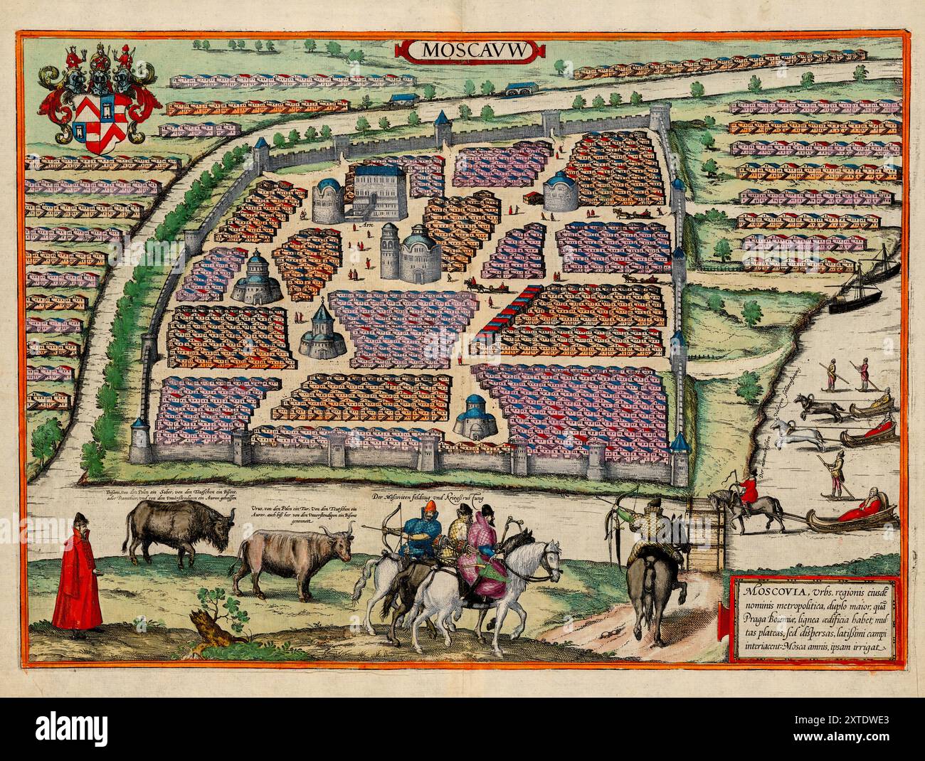 Plan de Moscou, Russie sur une gravure de Franz Hogenberg vers 1575. Vintage 16ème siècle illustratif plan et carte de la ville. Banque D'Images