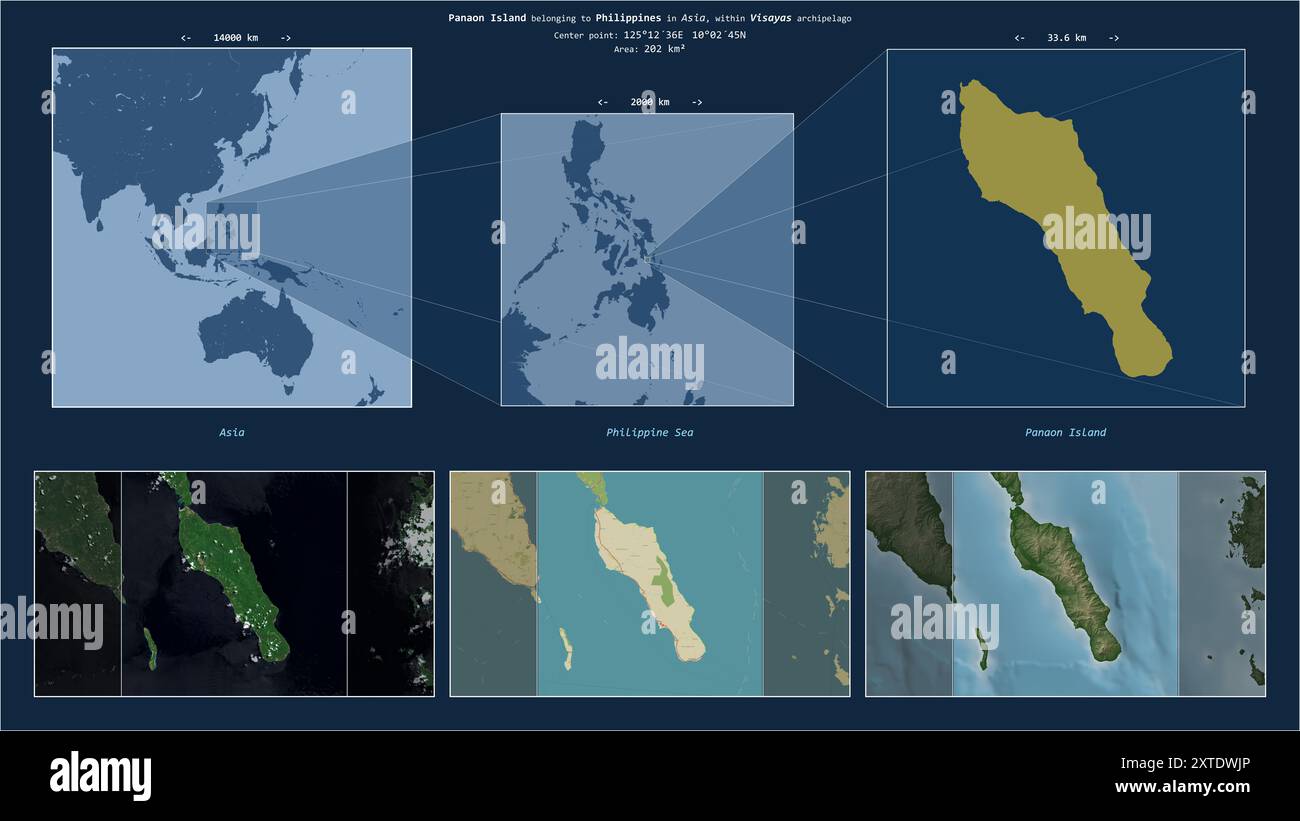Île de Panaon dans la mer des Philippines - appartenant aux Philippines. Diagramme de localisation décrit avec la forme jaune de l'île et des cartes d'échantillons de son surr Banque D'Images