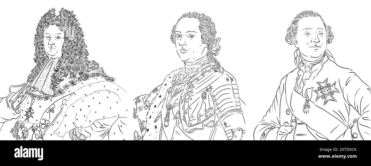 Portrait de Louis 14, Louis XIV, Louis 15, Louis XV et Louis 16, Louis XVI, rois de France Banque D'Images