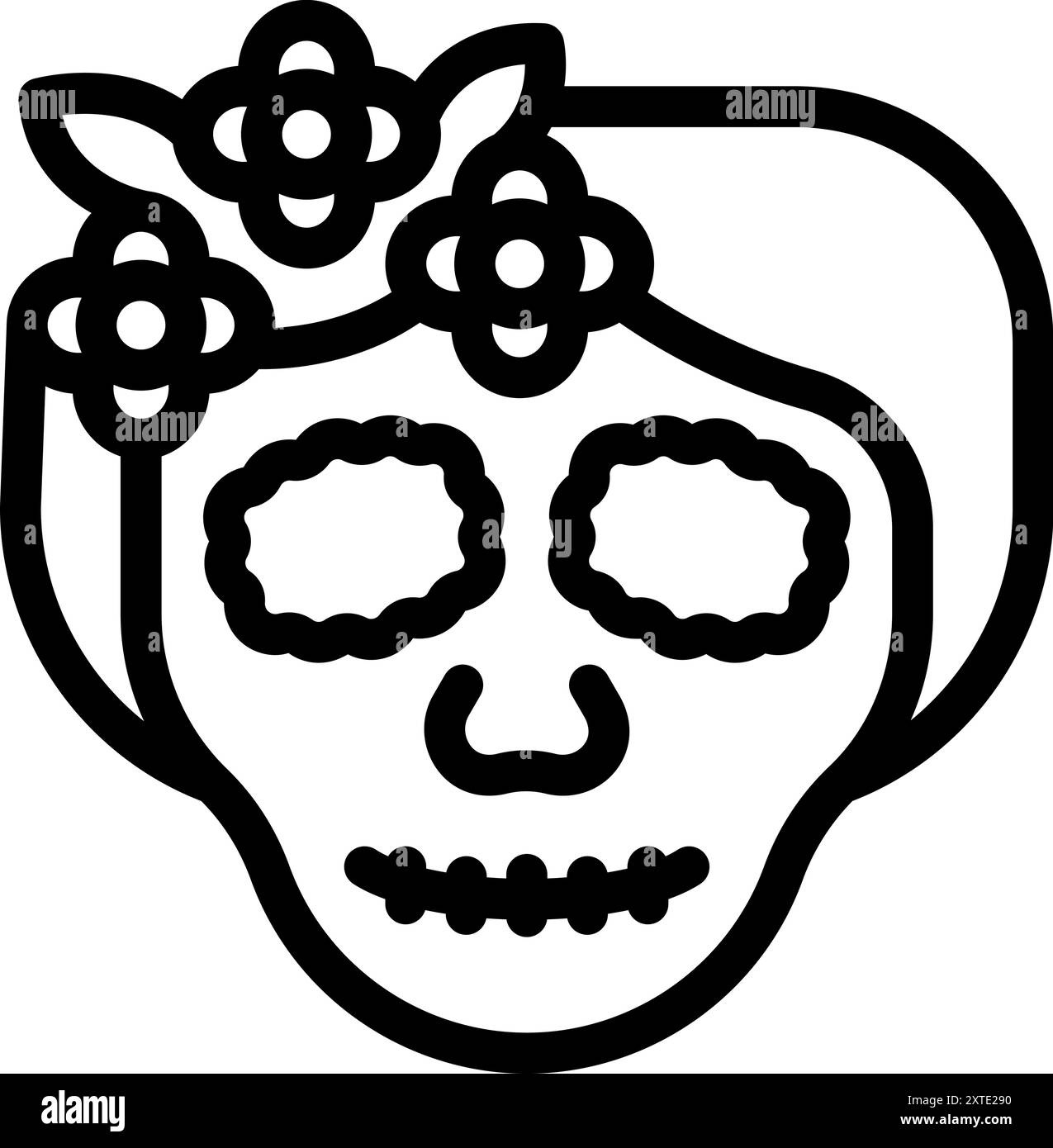 Icône d'art au trait d'un crâne de sucre portant une couronne de fleurs, célébrant le jour des morts Illustration de Vecteur
