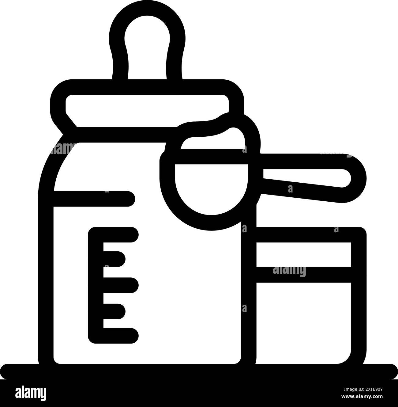 Icône de ligne noire et blanche d'un biberon en cours de préparation avec une cuillère de lait en poudre Illustration de Vecteur