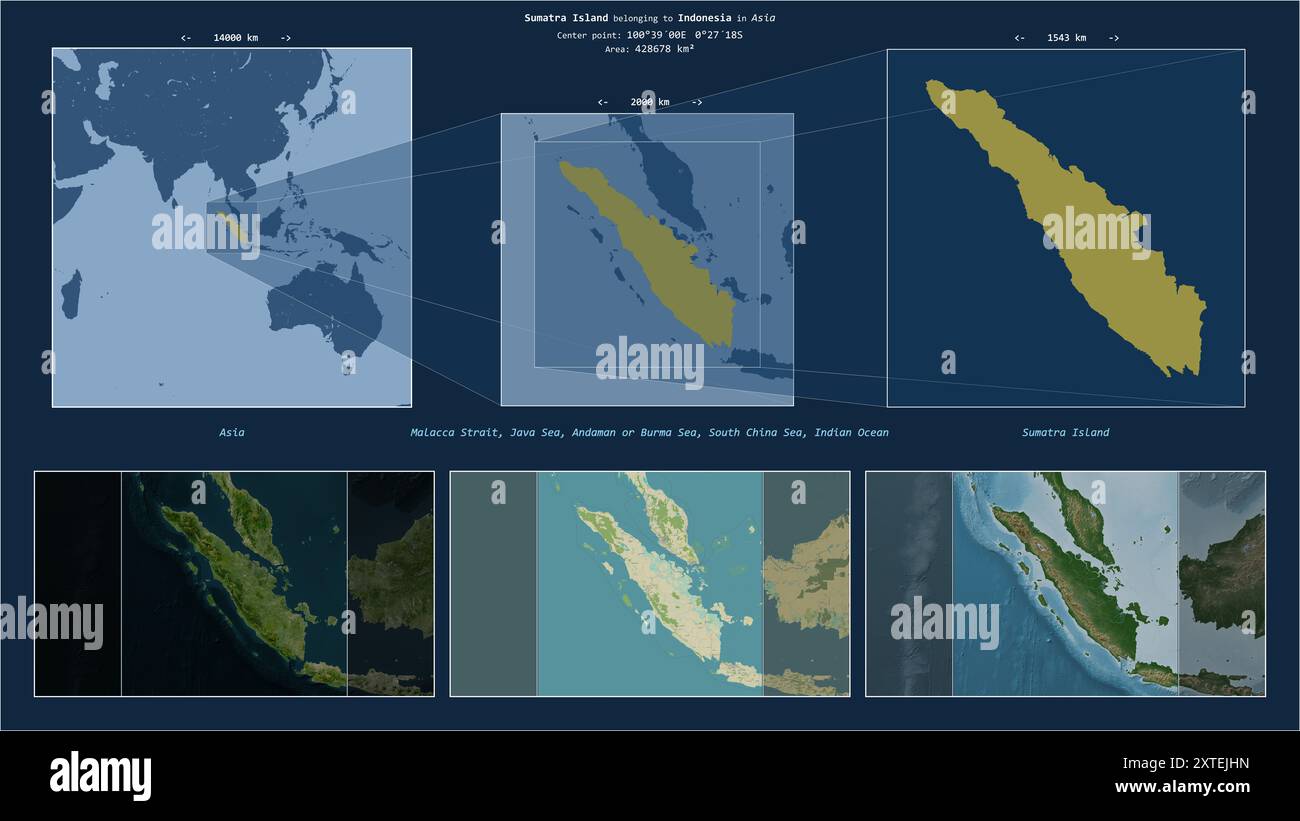 Île de Sumatra dans la mer de Java - appartenant à l'Indonésie. Diagramme de localisation décrit avec la forme jaune de l'île et des échantillons de cartes de son environnement Banque D'Images