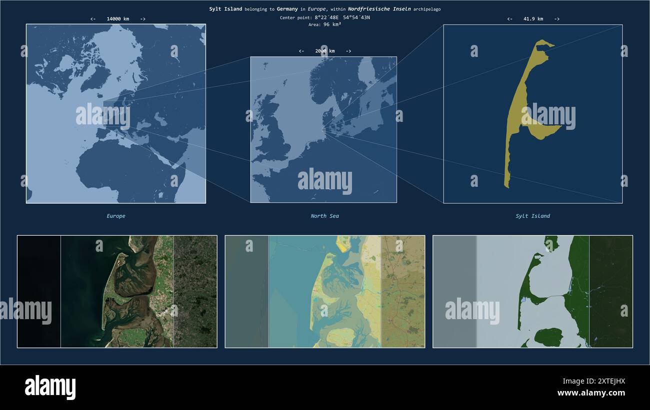 Sylt Island dans la mer du Nord - appartenant à l'Allemagne. Diagramme de localisation décrit avec la forme jaune de l'île et échantillons de cartes de ses environs Banque D'Images