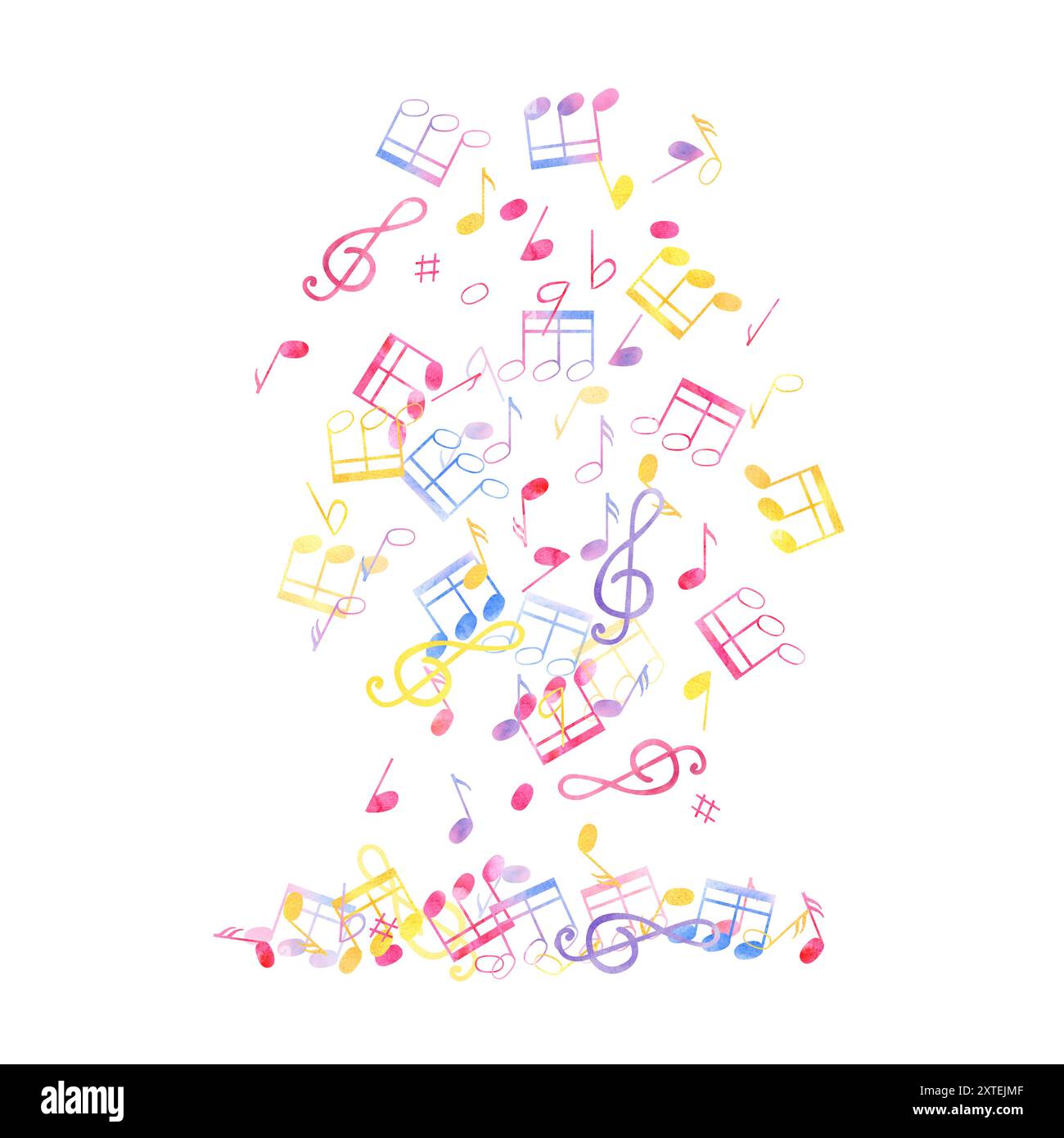 Lévitation des notes de musique. Symboles de note multicolores tombants. Ambiance mignonne de pluie de musique. Composition dense. Parfait pour les projets musicaux, la publicité Banque D'Images