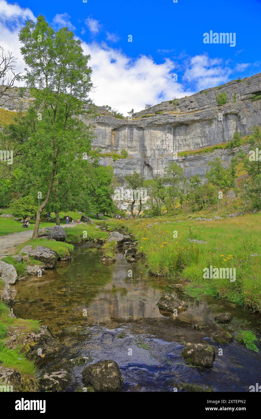 Pennine Way et Malham Beck menant à Malham Cove, Malham, Yorkshire Dales National Park, North Yorkshire, Angleterre, Royaume-Uni. Banque D'Images