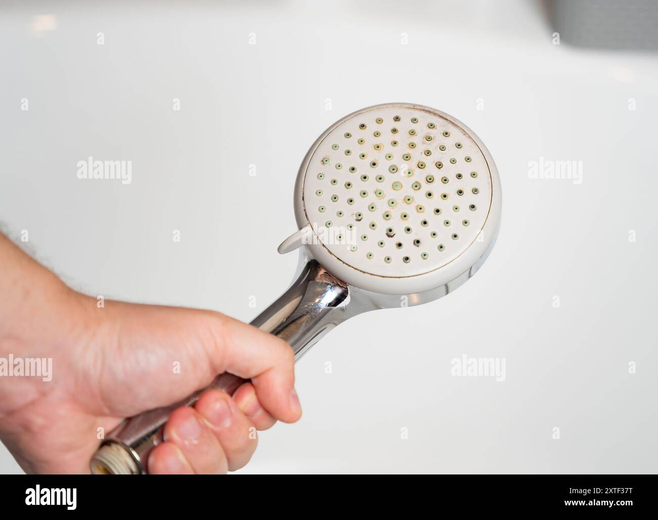 Vieille pomme de douche. Accumulation de calcaire. Remplacement et entretien des appareils de plomberie. Mauvaise qualité de l'eau. Moisissure et mauvaise odeur d'eau. Banque D'Images