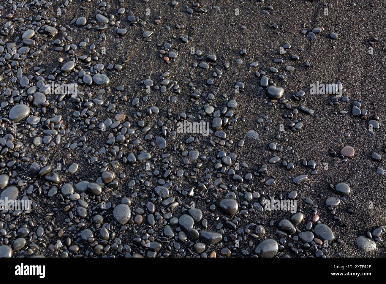 Plage de sable volcanique noir avec fond de pierres volcaniques brillantes sur Reynisfjara Black Sand Beach, Islande, vue de dessus. Banque D'Images