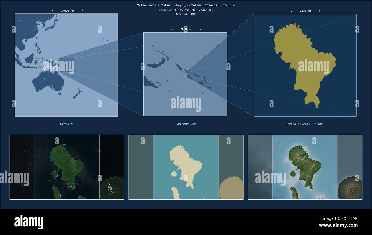 Île de Vella Lavella dans la mer de Salomon - appartenant aux îles Salomon. Description du diagramme de localisation avec la forme jaune de l'île et exemples de cartes de Banque D'Images