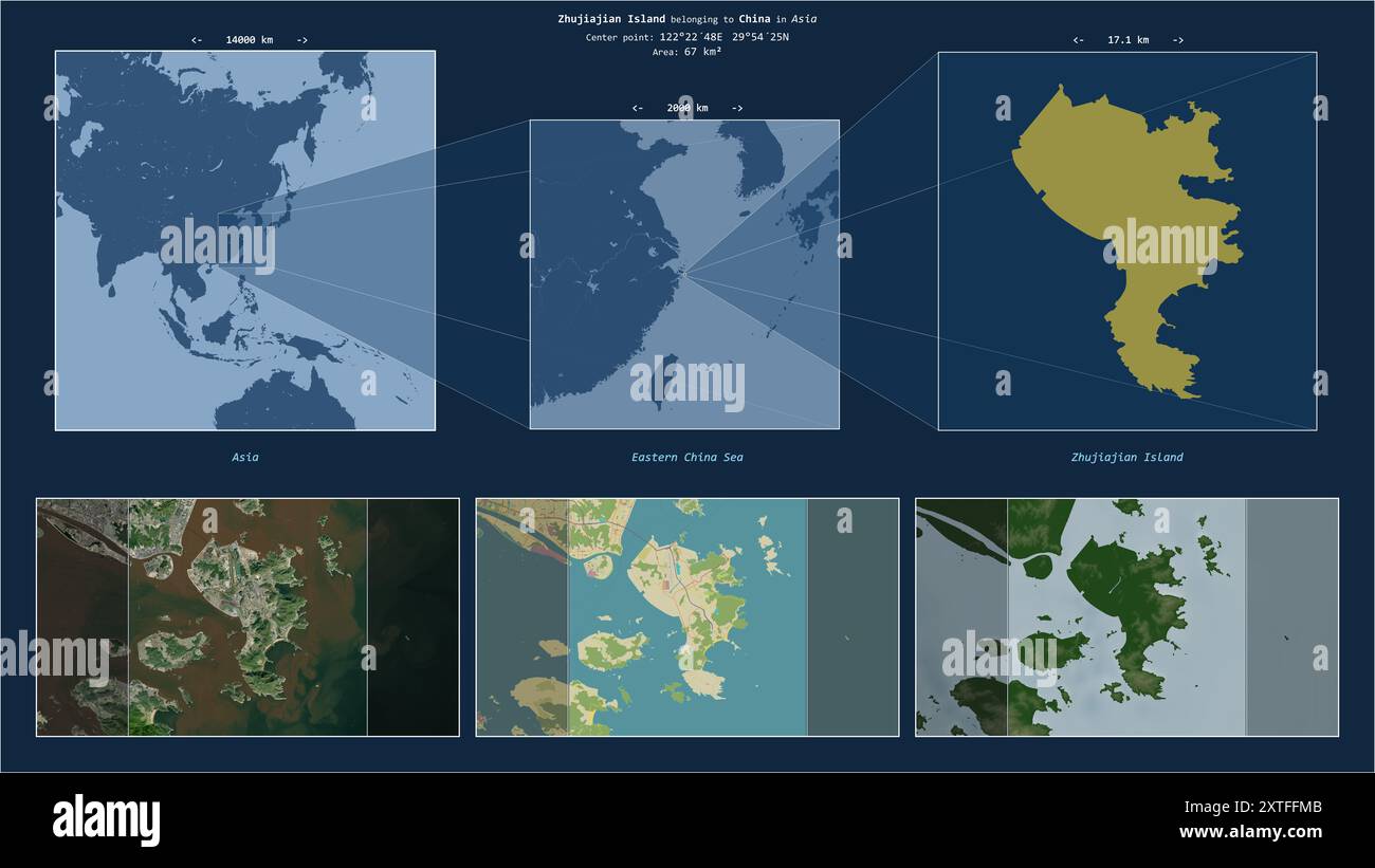 Île de Zhujiajian dans la mer de Chine orientale - appartenant à la Chine. Décrit diagramme de localisation avec la forme jaune de l'île et des cartes d'échantillon de son sur Banque D'Images