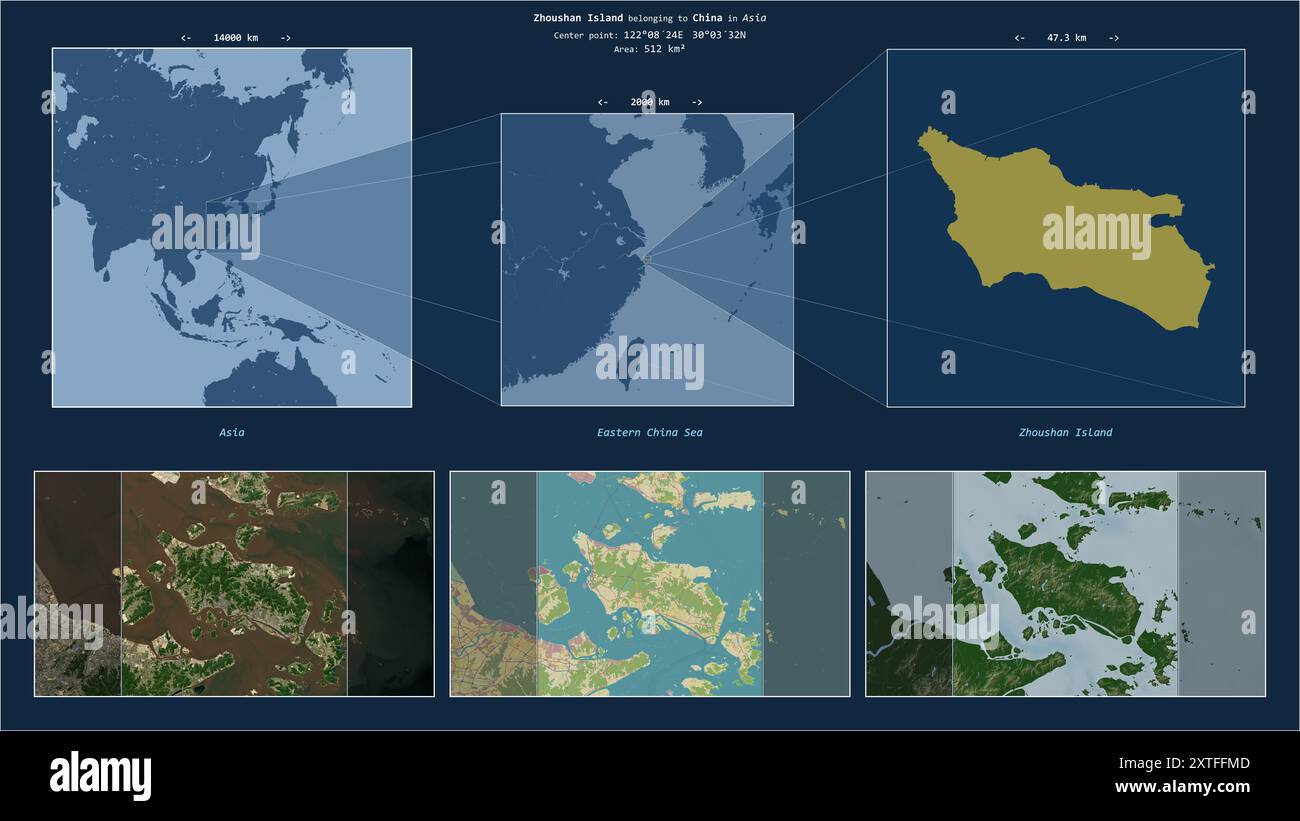 Île de Zhoushan dans la mer de Chine orientale - appartenant à la Chine. Diagramme de localisation décrit avec la forme jaune de l'île et des cartes d'échantillon de son surro Banque D'Images