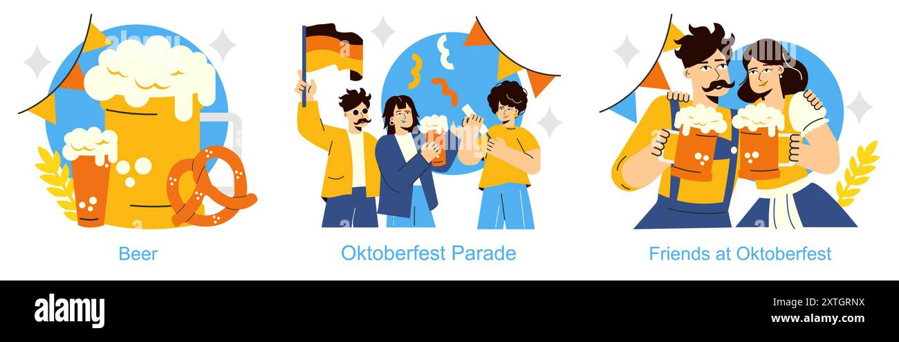 Ensemble de célébration de l'Oktoberfest. Illustration de bière festive, défilé et amis acclamant avec des boissons. Moments de fête traditionnels allemands. Illustration vectorielle. Illustration de Vecteur