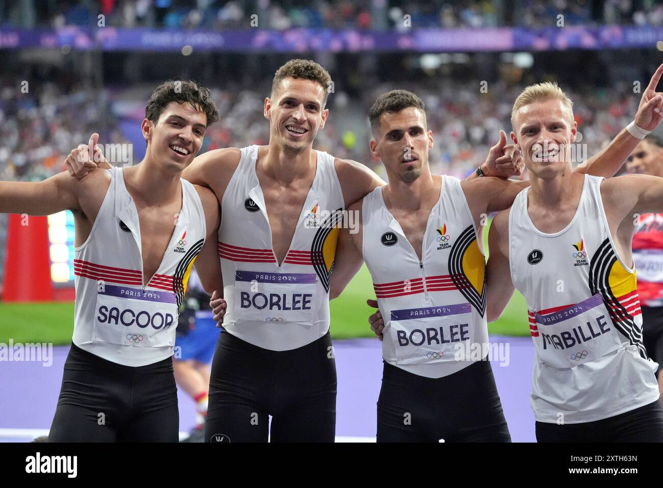 Dylan Borlee, Kevin Borlee, Jonathan Sacoor et Mabille (bel) en relais 4x400m aux Jeux Olympiques de Paris 2024 le 10 août 2024, au stade de France, Paris, France photo SCS/Soenar Chamid/ AFLO (HOLLAND OUT) Banque D'Images