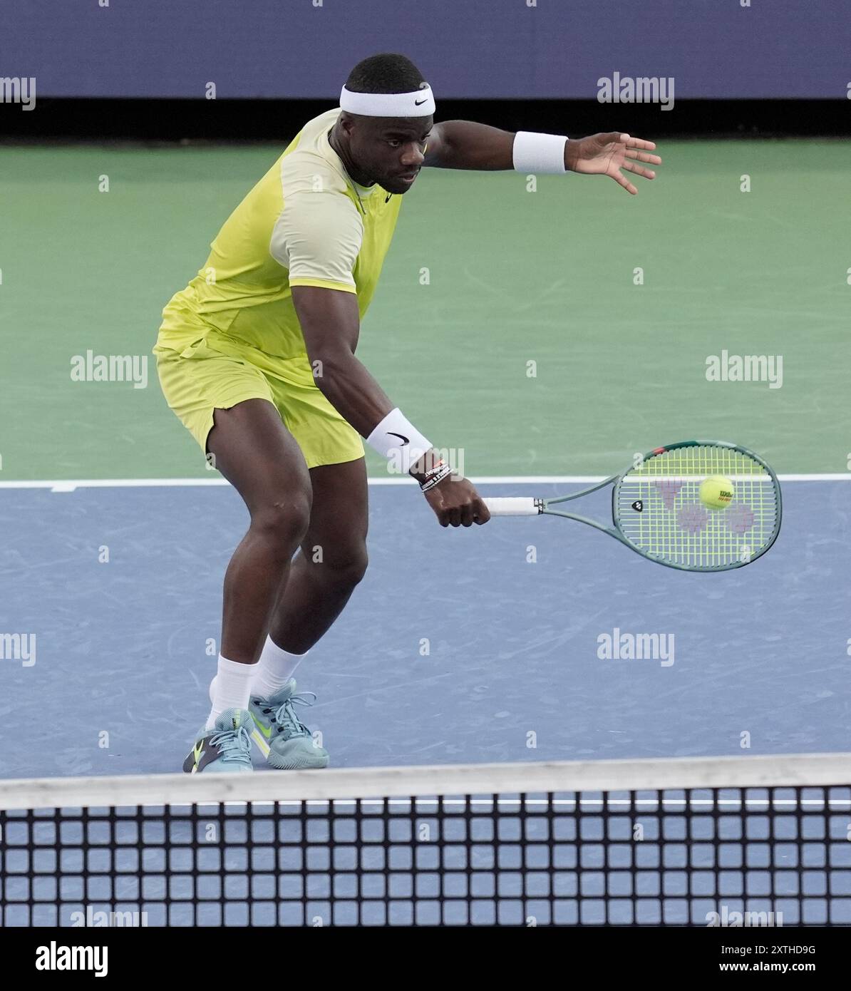 August 14, 2024: Frances Tiafoe (USA) defeated Lorenzo Musetti (ITA) 6-2, 6-3, at the Western & Southern Open being played at Lindner Family Tennis Center in Mason, Ohio. ©Leslie Billman/Tennisclix/CSM (Credit Image: © Leslie Billman/Cal Sport Media) (Cal Sport Media via AP Images) Banque D'Images