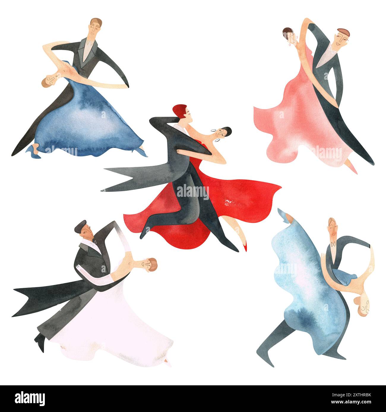 Danse de bal standard. Couples adultes sur le parquet. Illustration aquarelle isolée. Composition pour une carte postale, affiche pour des compétitions Banque D'Images