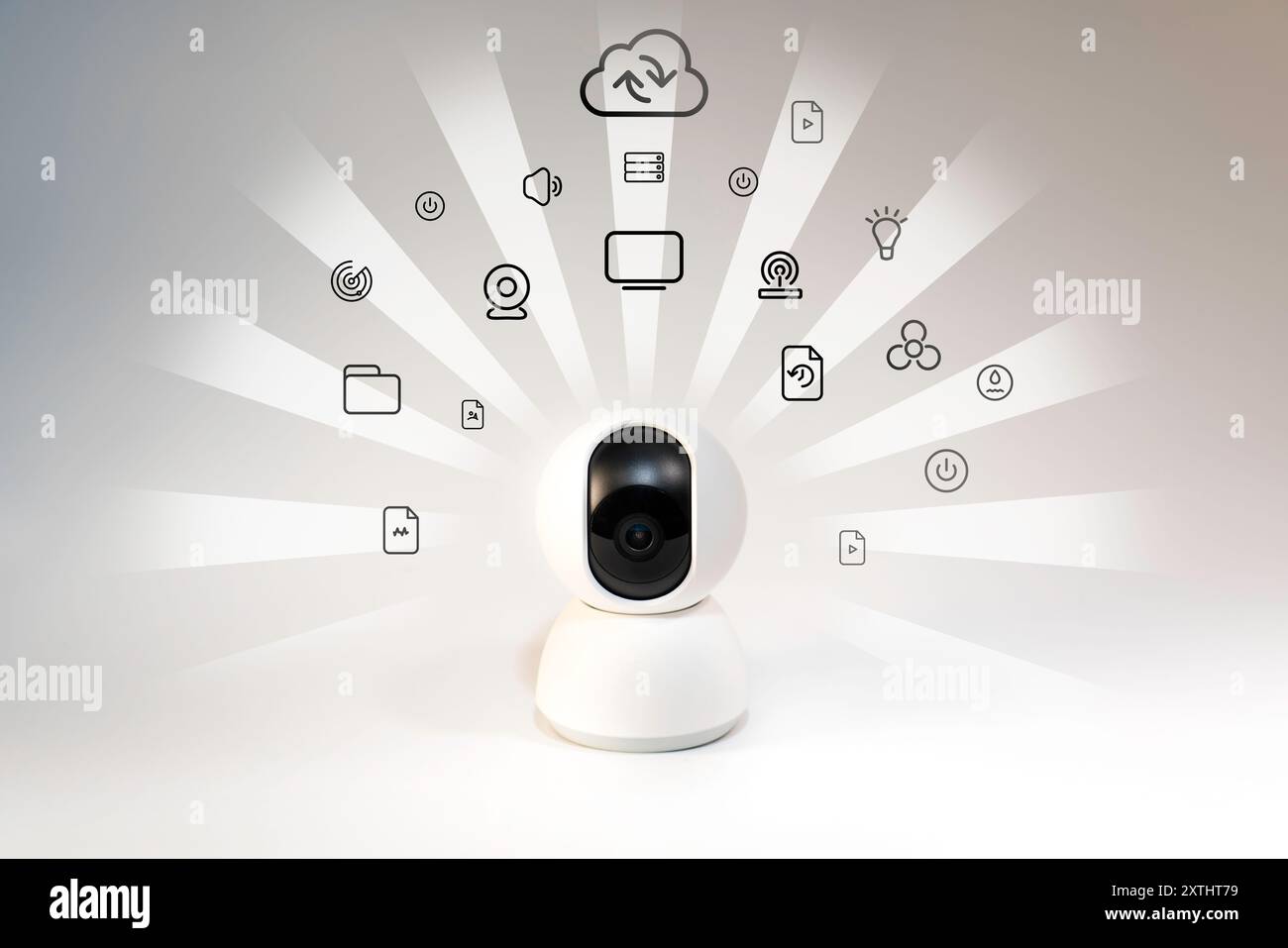 Surveillance par webcam pour la maison intelligente. Icônes de fonctions. Banque D'Images