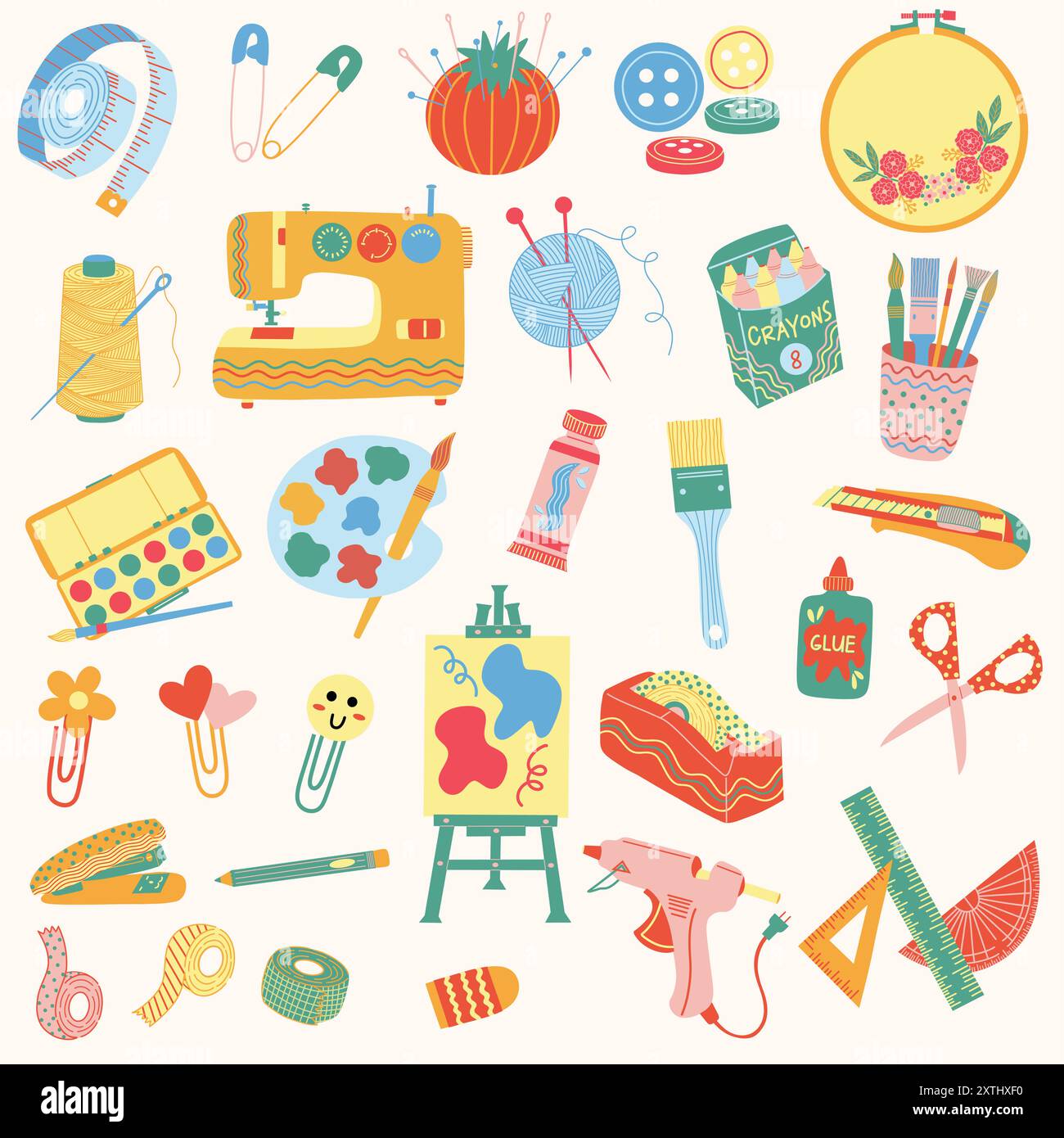 Ensemble de fournitures d'art et d'artisanat. Matériaux pour crocheter, dessiner, journaliser, tricoter, peindre, scrapbooking, et couture. Illustration de Vecteur
