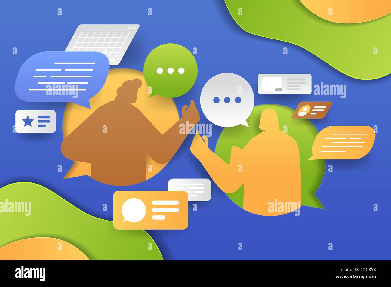 Deux personnes communiquant via des bulles de parole et des éléments numériques aux couleurs vives. Style de coupe de papier avec silhouettes et icônes de chat Illustration de Vecteur