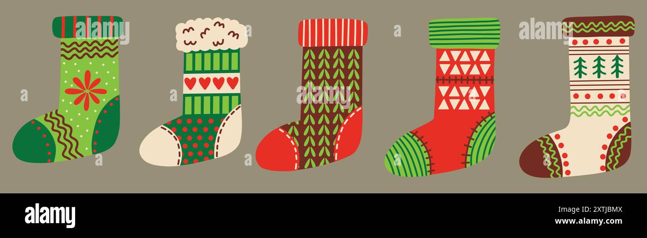 Ensemble d'éléments de bas de Noël. Designs confortables et kitschy. Illustrations vectorielles dessinées à la main. Illustration de Vecteur