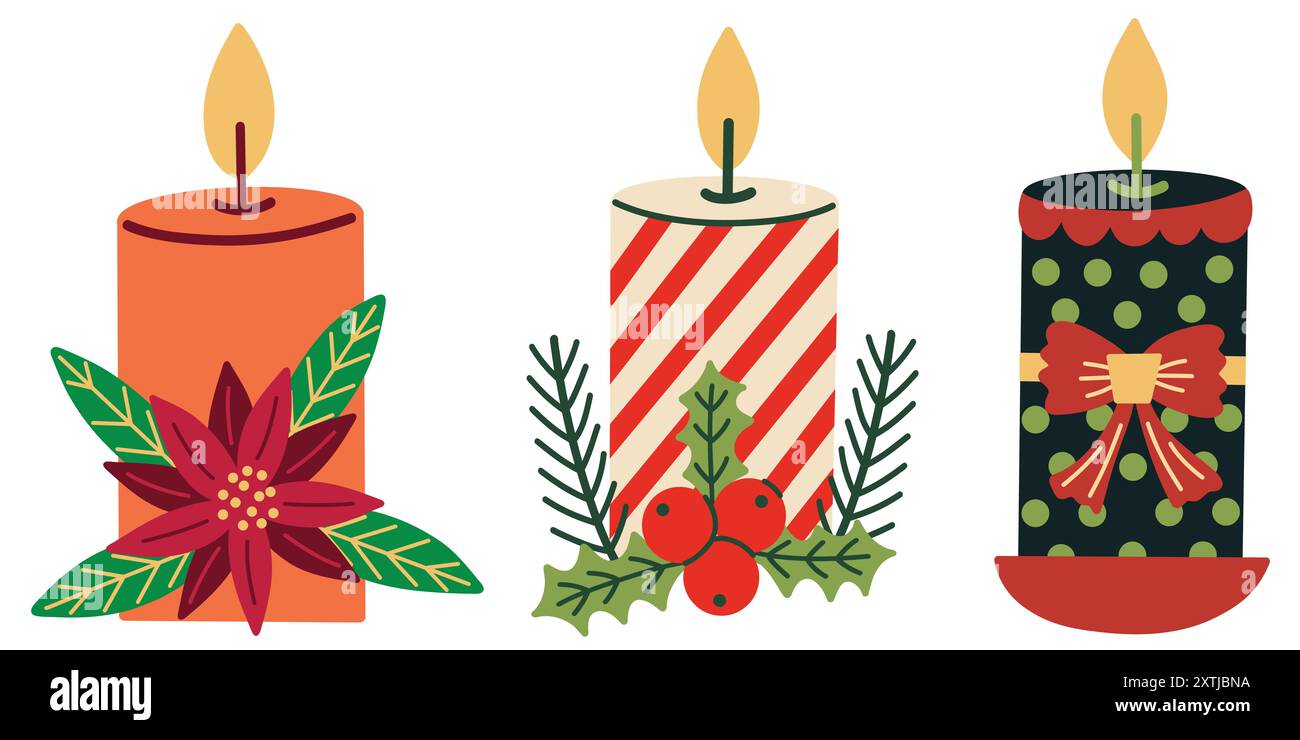 Ensemble d'illustration de bougies de Noël. Illustrations vectorielles dessinées à la main. Illustration de Vecteur