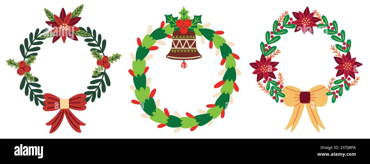 Ensemble d'éléments de couronnes de Noël festives. Illustrations vectorielles dessinées à la main. Illustration de Vecteur