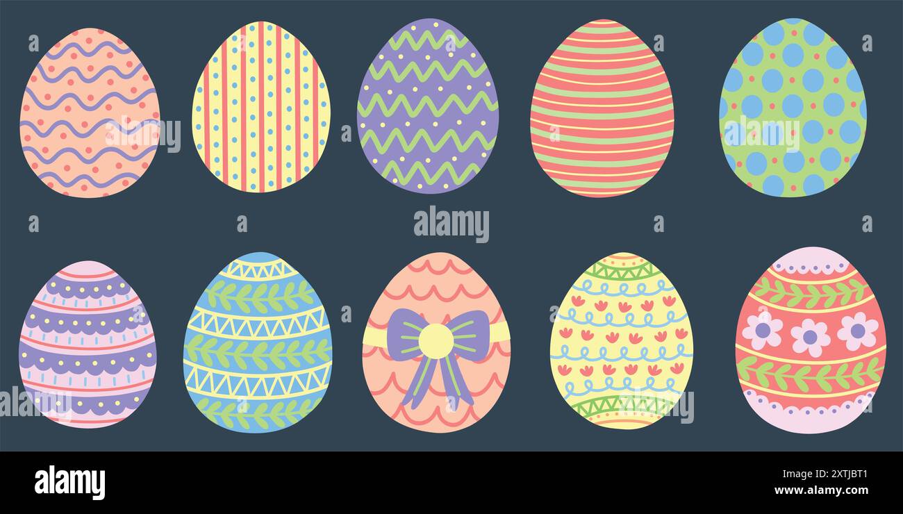 Ensemble d'éléments d'oeufs de Pâques pastel. Illustrations vectorielles dessinées à la main. Illustration de Vecteur