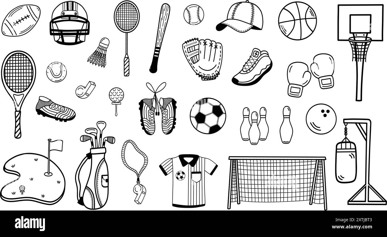 Ensemble d'illustrations linéaires de contour d'équipement et d'accessoires de sport. Pour badminton, baseball, basket-ball, bowling, football, golf, football et bien plus encore. Illustration de Vecteur