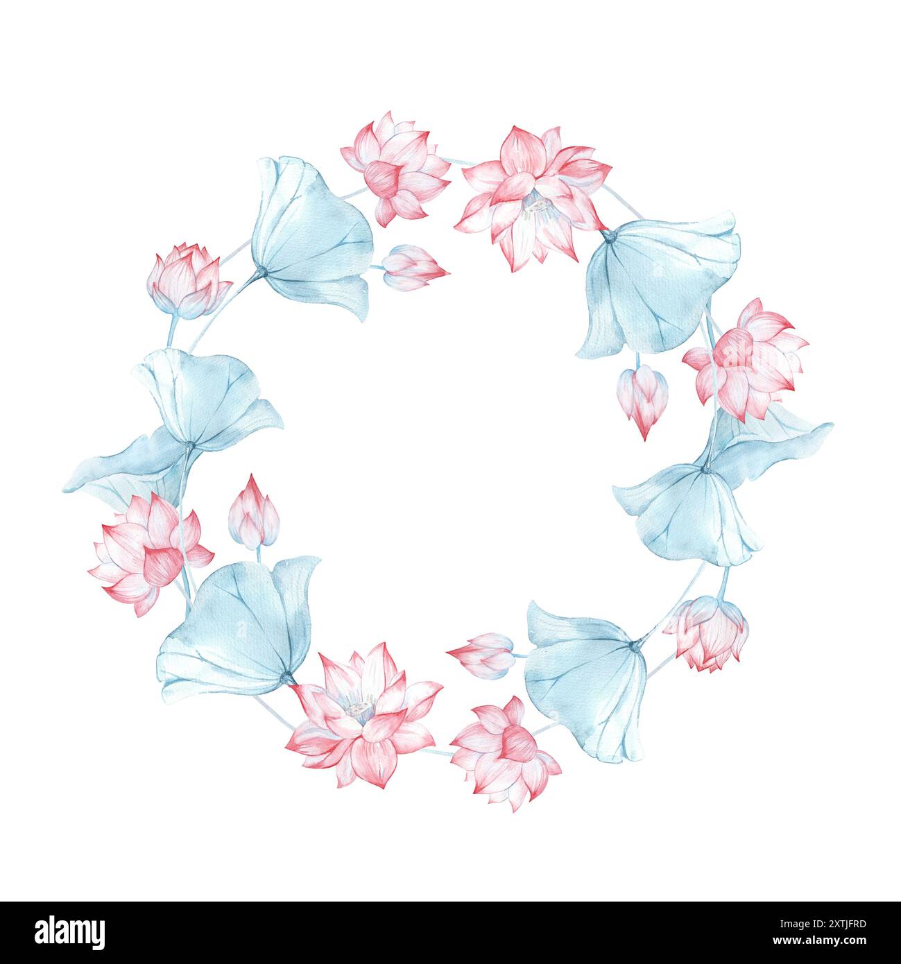 Fleurs et feuilles de Lotus couronne isolée sur fond blanc. Cadre rond dessiné à la main à l'aquarelle. Pour la conception de carte postale, étiquette et invitation Banque D'Images