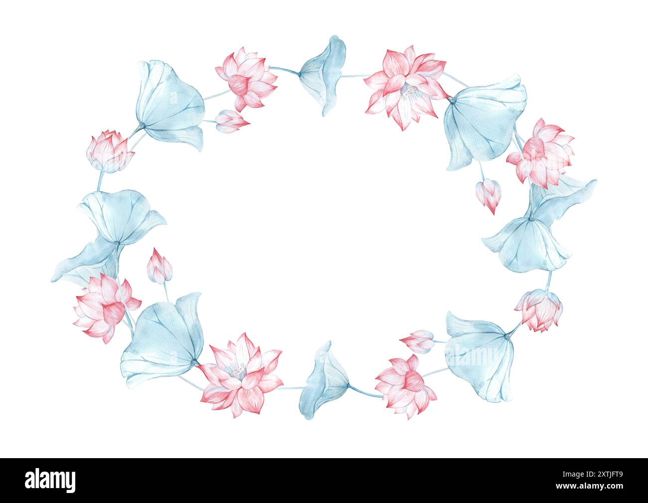 Fleurs et feuilles de Lotus couronne isolée sur fond blanc. Cadre rond dessiné à la main à l'aquarelle. Pour la conception de carte postale, étiquette et invitation Banque D'Images