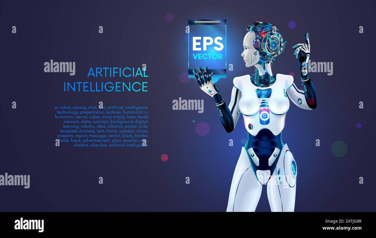 IA ou intelligence artificielle sous la forme d'un robot féminin humanoïde tient une affiche vide ou un modèle d'écran dans les mains. Robot ai présente business repor Illustration de Vecteur