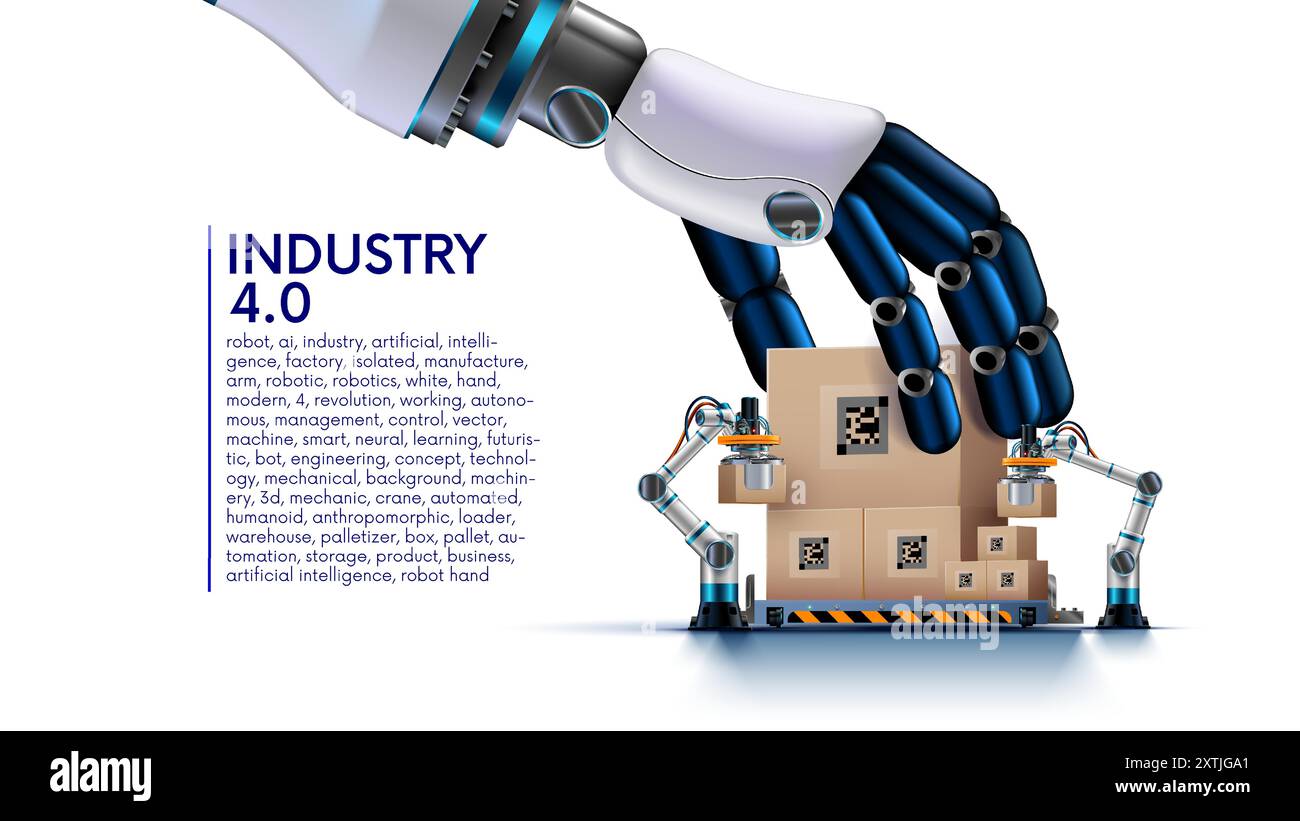 Robots de travail de gestion AI sur usine ou entrepôt. IA dans l'image, le bras ou la main d'un robot humanoïde met des boîtes sur des palettes. L'IA contrôle les bras robotisés sur le fabricant Illustration de Vecteur