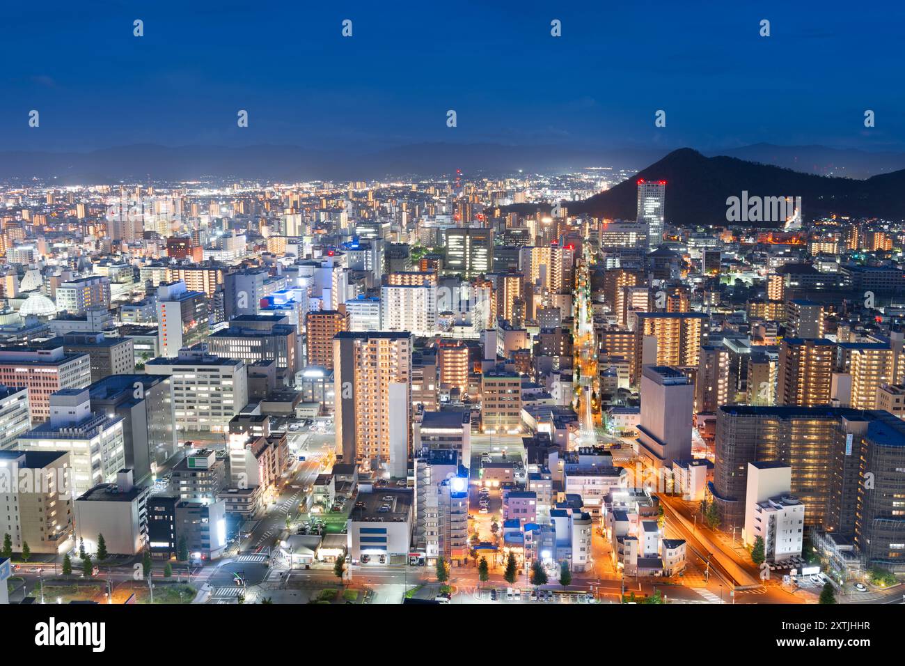 Takamatsu, Japon ville ville ville skyline à l'heure bleue d'en haut. Banque D'Images