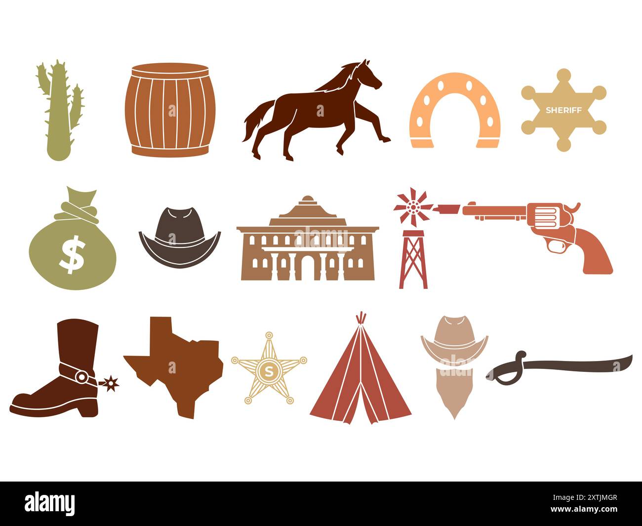 article de cow-boy couleur pistolet fusil riffle tipi tente cheval fer à cheval animal cactus shérif étoile badge cow-boy chapeau botte bandana texas carte sac d'argent design Illustration de Vecteur