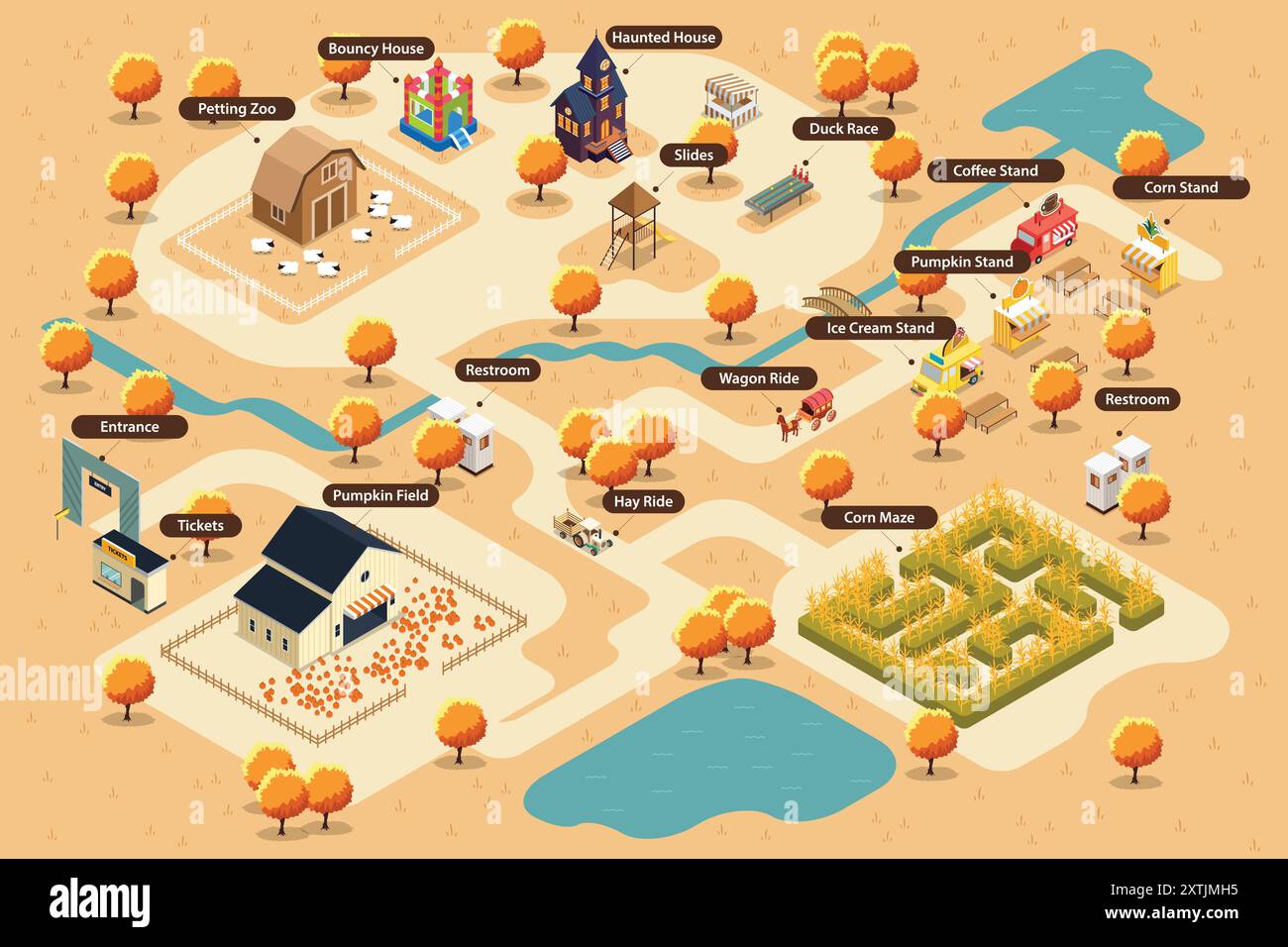 Une illustration vectorielle de la carte isométrique d'une ferme de citrouille pour Pumpkin Patch Illustration de Vecteur