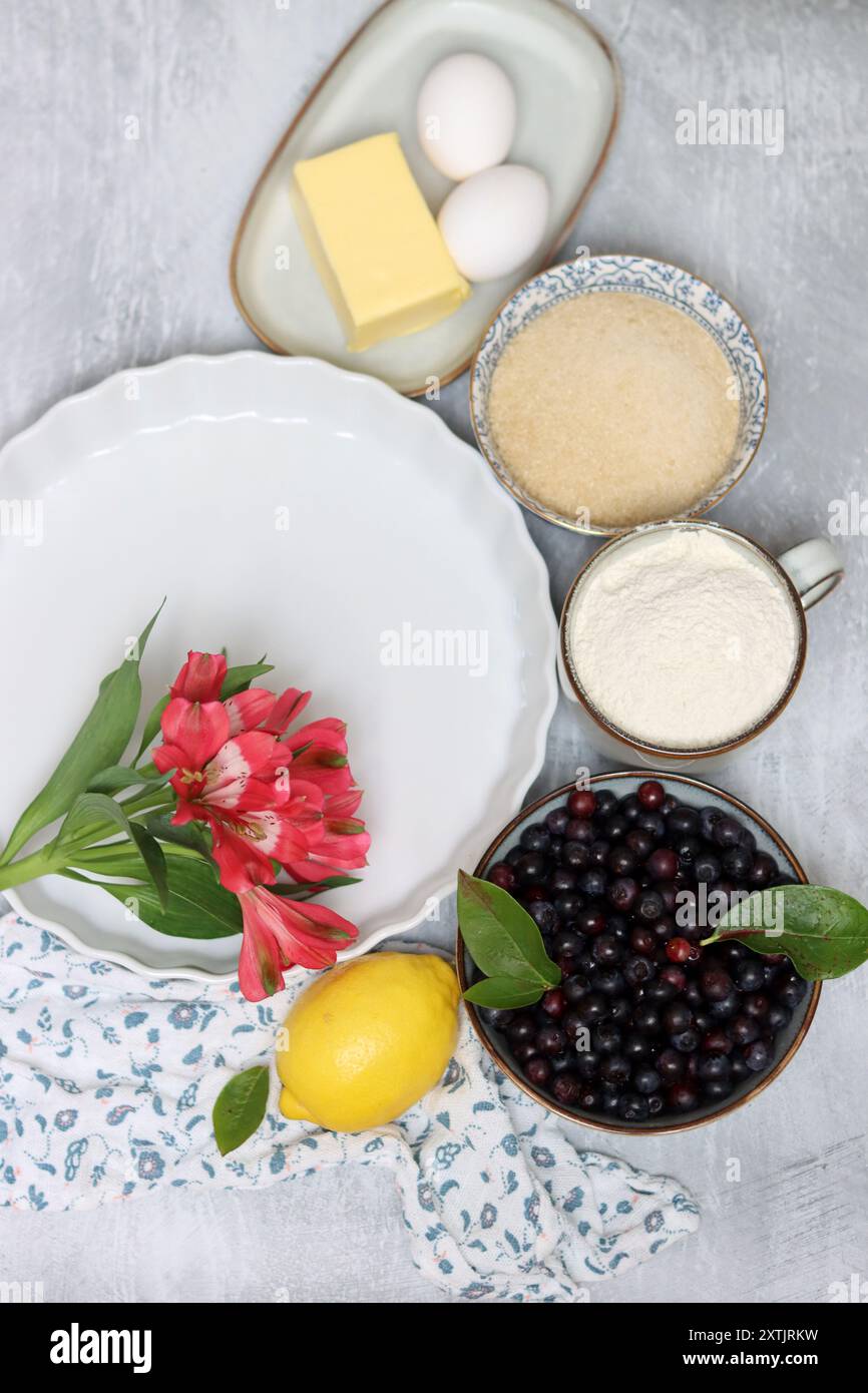 Ingrédients de tarte aux myrtilles sur une table. Photo vue de dessus de baies fraîchement récoltées, cassonade, farine, citron, beurre et œufs. Concept alimentaire confort. Banque D'Images