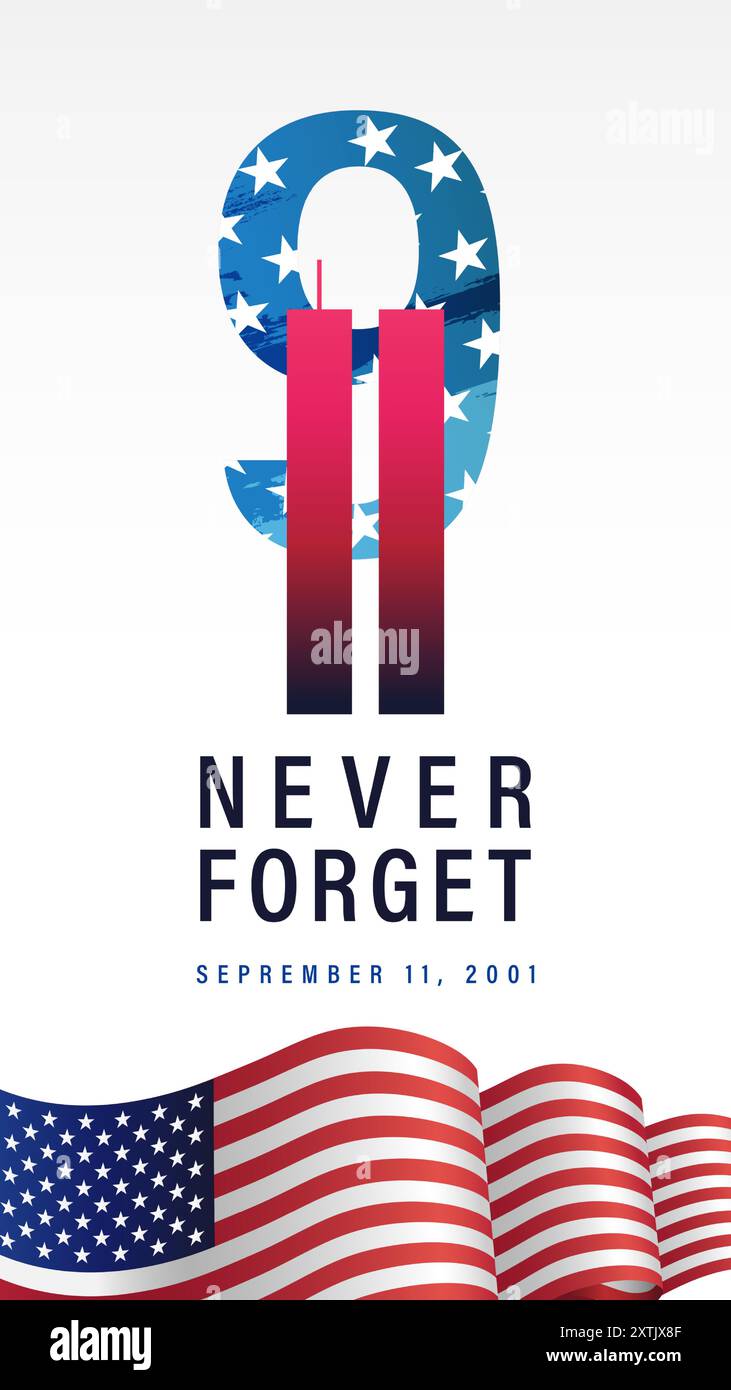9,11 Never Forget, 11 septembre 2001, bannière insta Stories. Illustration vectorielle silhouettes de gratte-ciel tours jumelles du World Trade Centre Illustration de Vecteur