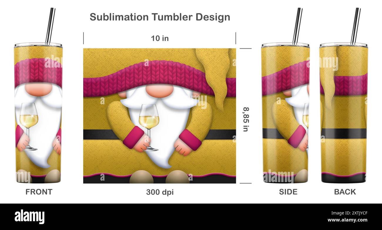 Drôle de personnage de dessin animé Gnome White Wine Lover. Modèle de sublimation sans couture pour gobelet skinny de 20 oz. Illustration de sublimation. Banque D'Images